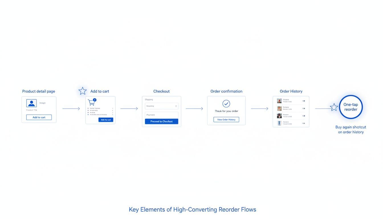 Clean minimalist UX diagram of the horizontal repeat purchase reorder flow user journey map in ecommerce, from Product detail page to one-tap reorder, with simple wireframe UI touchpoints, arrows, and stars on conversion moments.