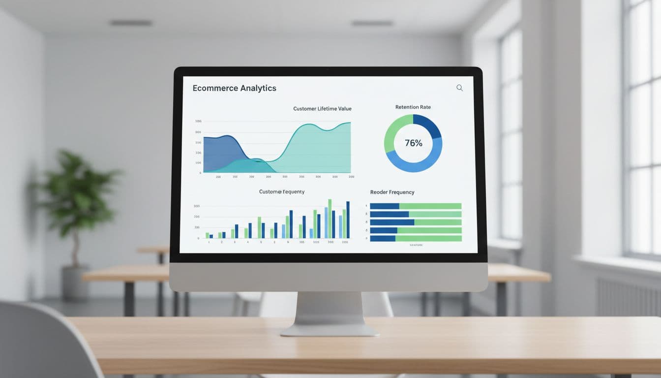 Ecommerce analytics dashboard on a large monitor in a modern office, illustrating repeat purchase metrics such as customer lifetime value graphs, retention rate charts, and reorder frequency bars, using a blue and green color palette in professional flat design style.