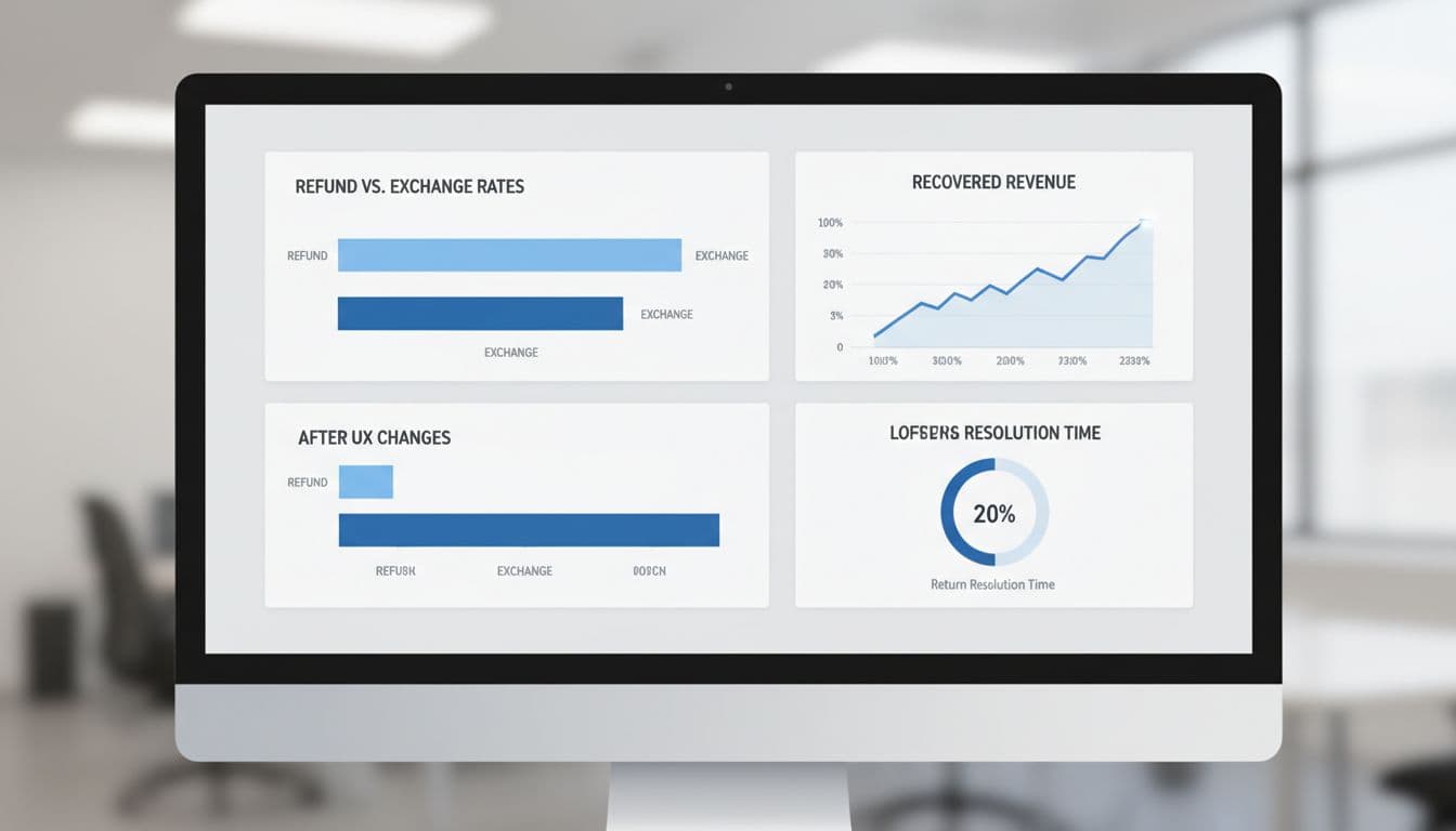 Desktop monitor shows clean SaaS dashboard with bar charts comparing refund vs exchange rates before and after UX changes, and rising recovered revenue line graph.