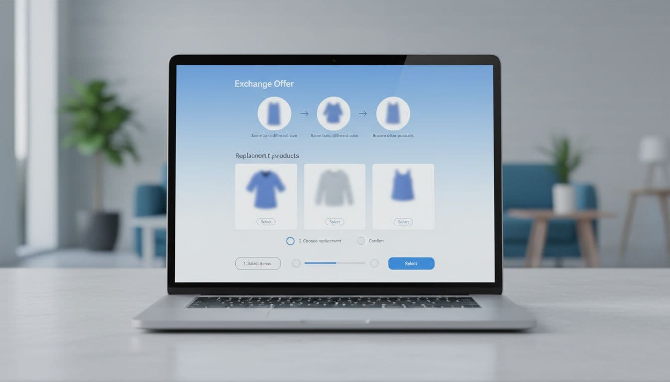 Laptop screen displays SaaS-style ecommerce returns portal UI with top exchange offer section for size and color swaps.