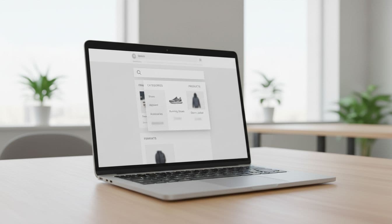 Clean modern laptop screen displaying an ecommerce website search bar with open autocomplete dropdown showing category and product suggestions like shoes and jackets, in a bright office setting with subtle shadows.