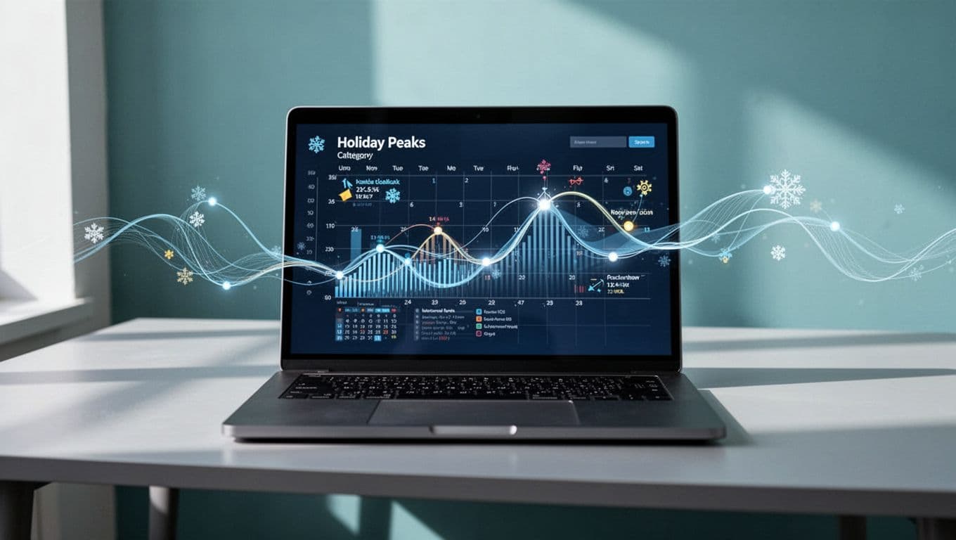 Modern editorial illustration showing a merchandising calendar with holiday peaks like Black Friday and Christmas, overlaid with evolving ecommerce category URLs, displayed on a clean laptop setup viewing holiday SERP results.
