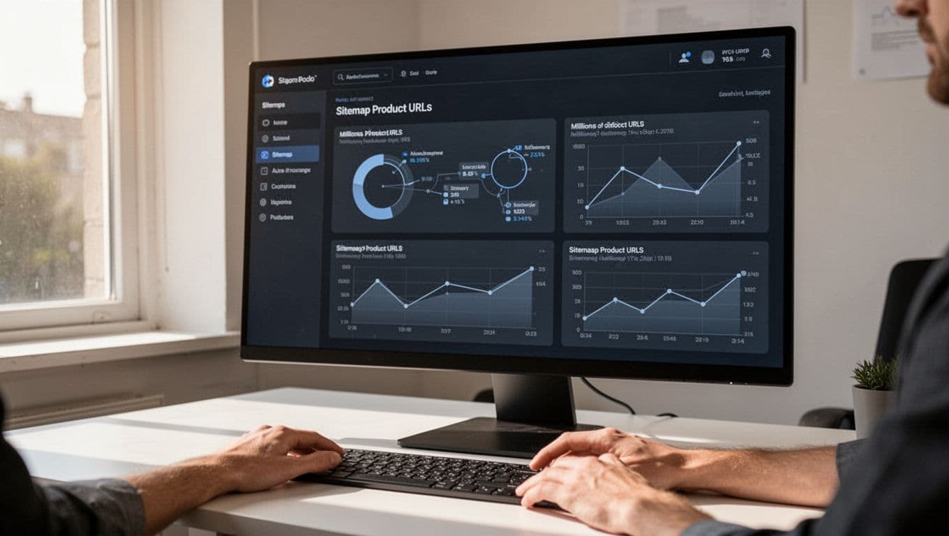 Modern ecommerce SEO dashboard on a large monitor displaying XML sitemap statistics for a site with millions of product URLs, featuring graphs for index status, crawl budget, freshness signals, and lastmod updates in a clean dark mode interface.