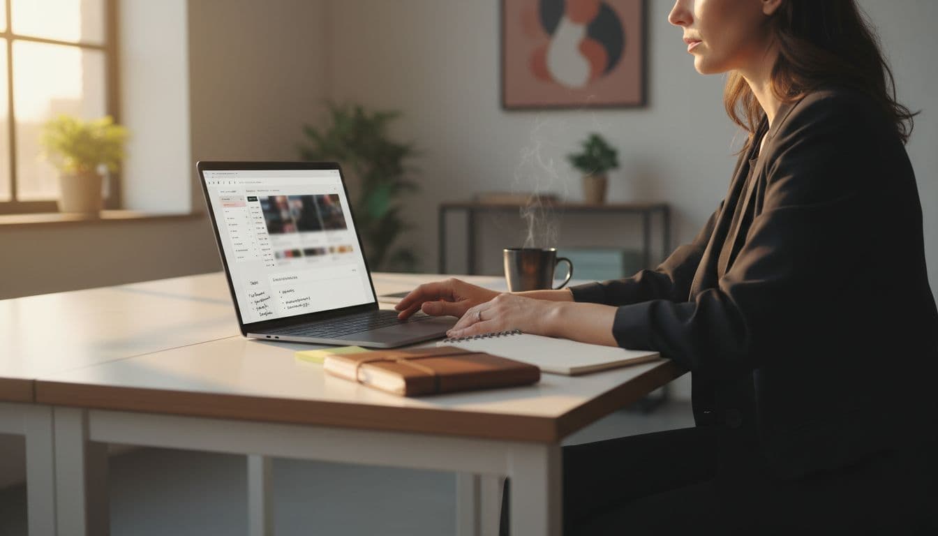 A professional eCommerce SEO specialist sits at a modern desk in a bright office, reviewing a Magento category page on a laptop screen with blurred details on layered navigation filters and thin content audit notes on paper nearby.