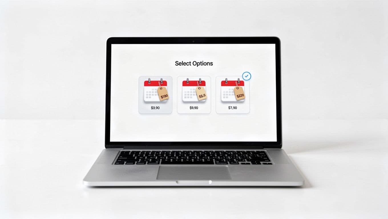 Photorealistic clean desktop laptop screen displaying effective ecommerce shipping option selector UX with radio buttons for Standard Shipping ($5.99, arrives Fri) and Express ($14.99, Thu), calendar icons, clear prices, and simple white modern UI on plain background.