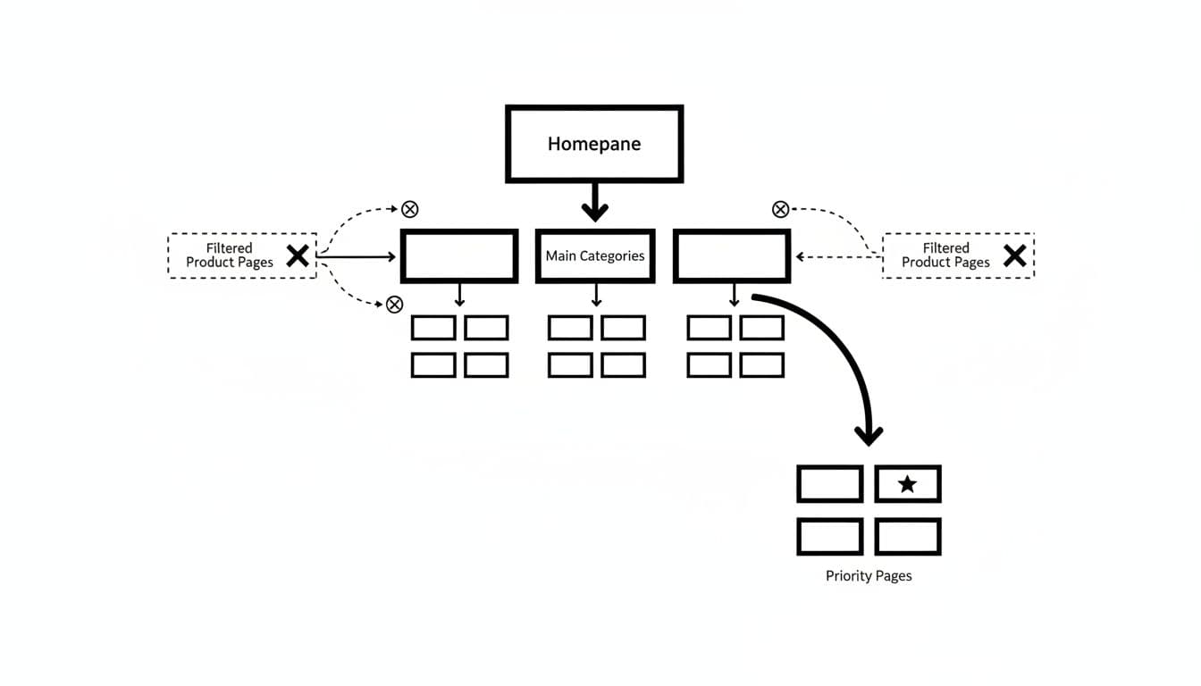 Simple line diagram of ecommerce site map tree with arrows showing crawl flow from homepage to categories, product pages, and blocked filters.
