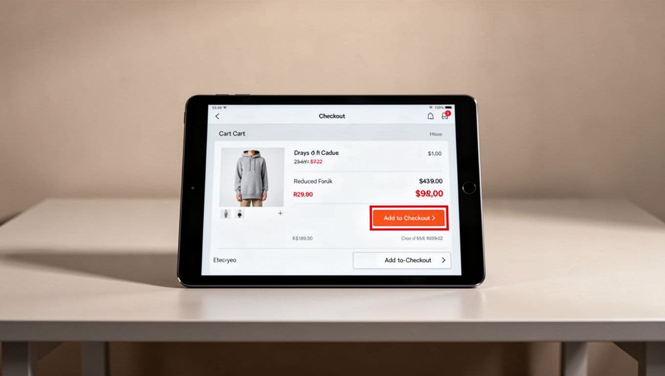 Illustration of a tablet device displaying an ecommerce checkout flow after a price drop alert deep link, featuring the product in cart with updated lower price and prominent one-click checkout button in a clean modern UX layout.