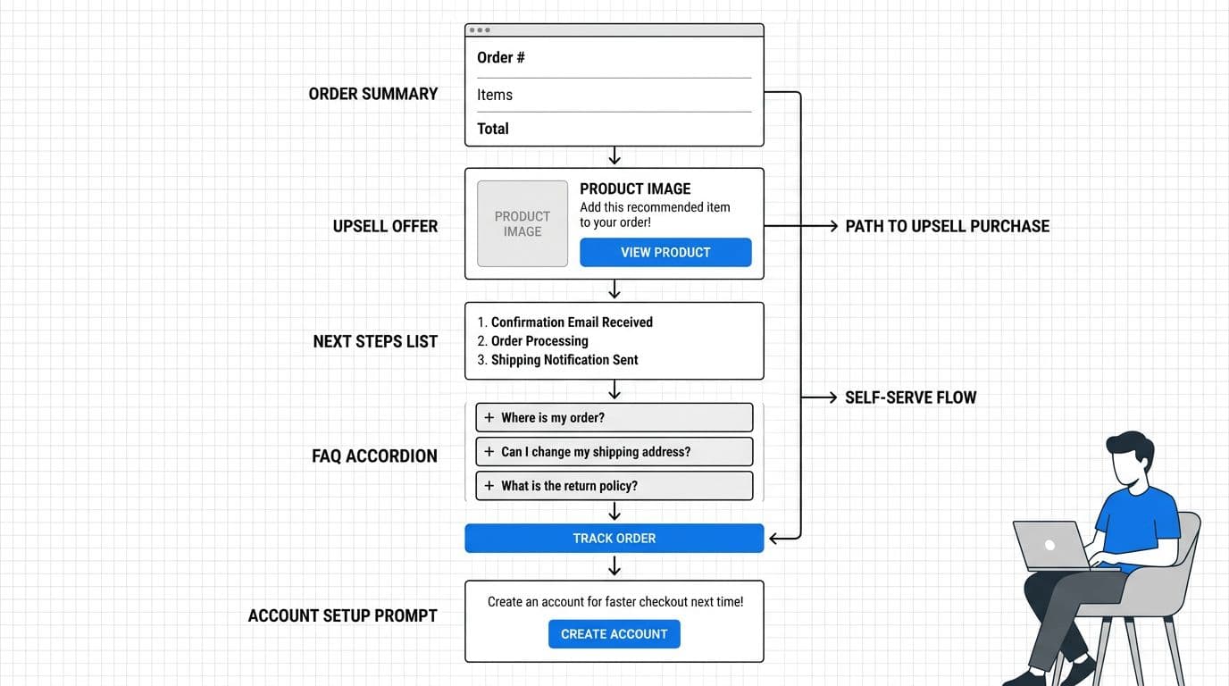 Clean, high-contrast UX diagram of a modern ecommerce thank you page wireframe in landscape aspect ratio, featuring order summary, upsell offer, next steps, FAQ accordion, track order button, and account setup prompt with flow arrows.