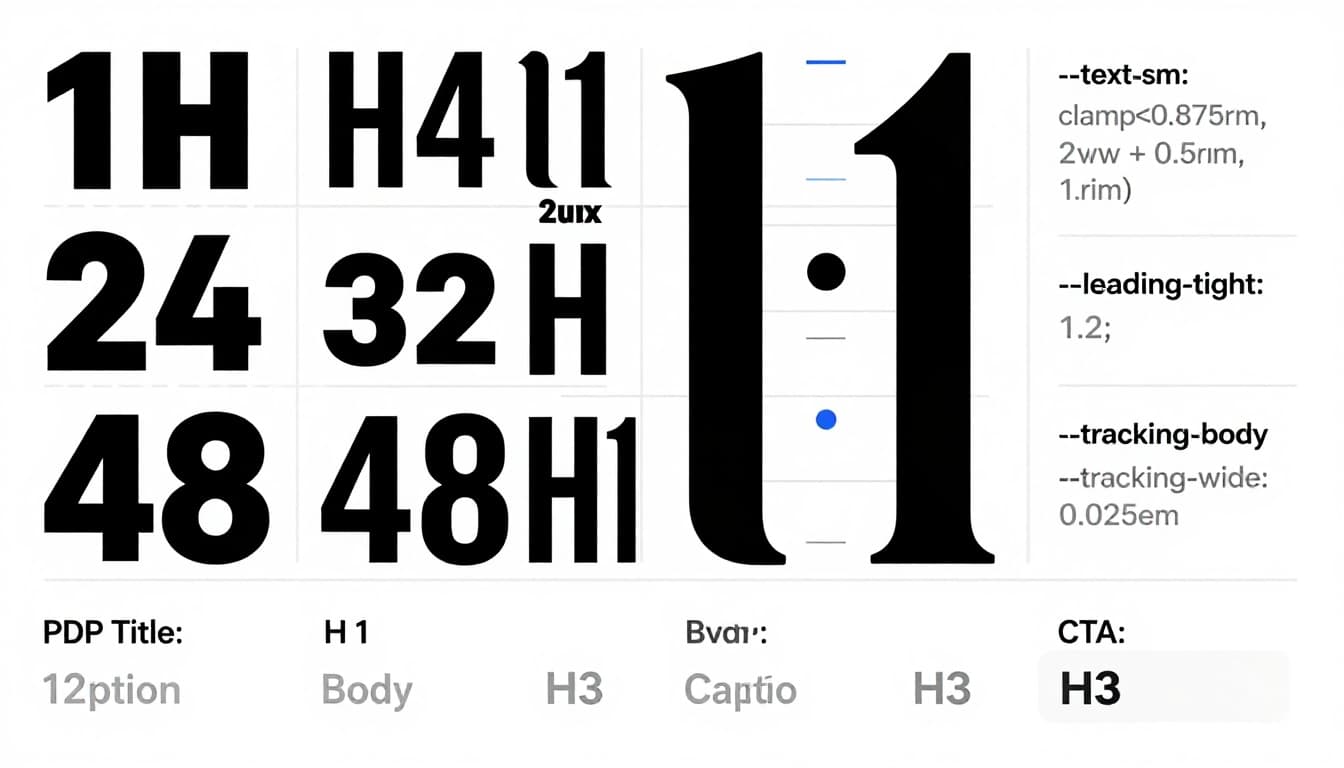 A clean, modern landscape infographic featuring a central vertical type scale ladder from 12px Caption to 48px H1, CSS clamp examples on the right, and a bottom table mapping typography to e-commerce components like PDP Title and Price. Minimalist Swiss style with light grid background, high contrast black/white, and blue accents.