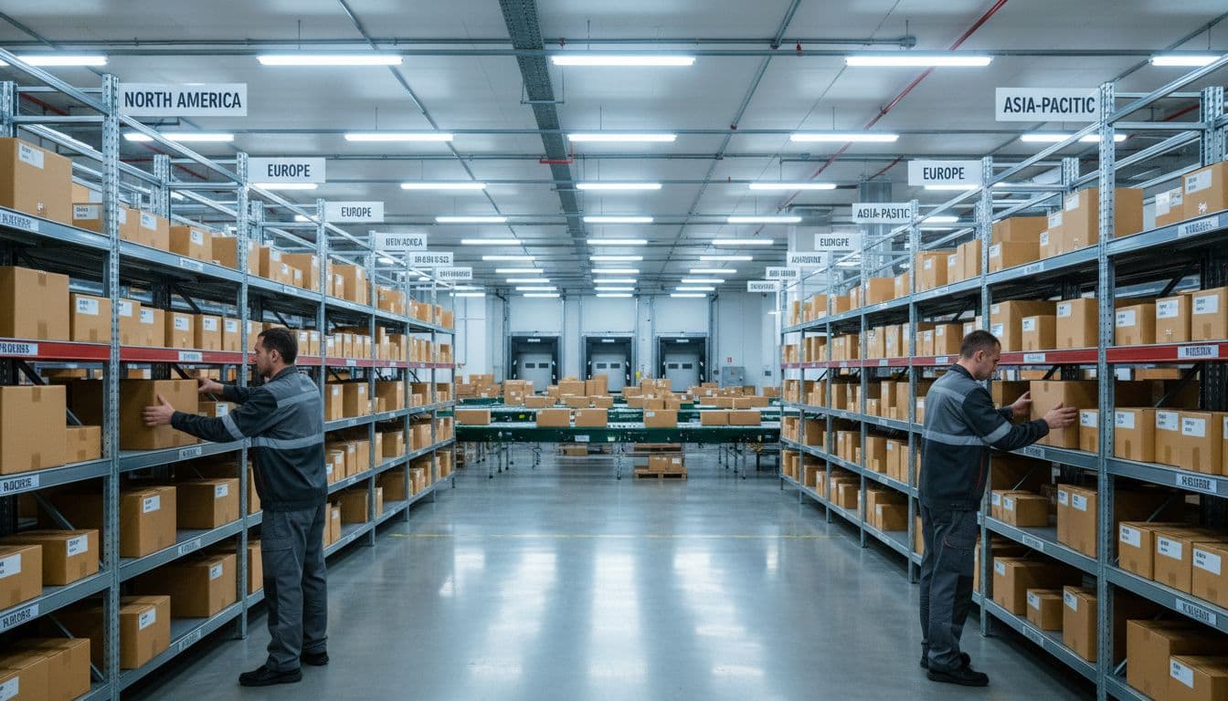 Two workers pack boxes onto shelves organized by shipping zones amid conveyor belts in a modern warehouse.