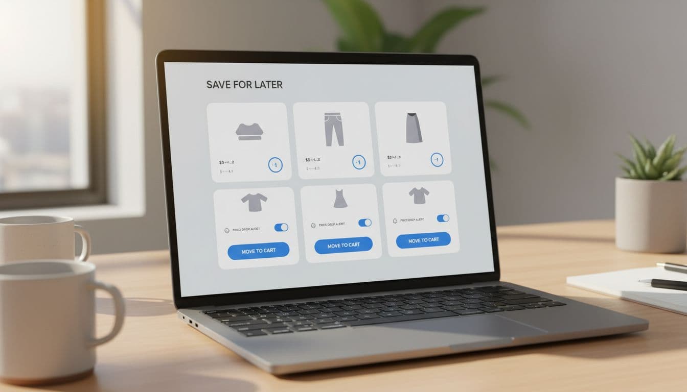 Desktop ecommerce wishlist or save for later page featuring saved clothing items with Move to Cart buttons, price drop alert toggles, and quantity selectors in modern flat design, displayed on a centered laptop screen in a workspace with warm natural light, high detail, no people or logos.