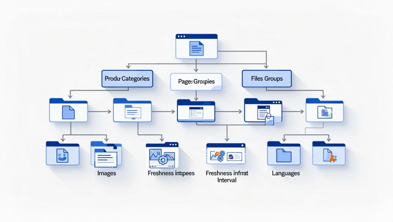 Clean technical diagram illustrating ecommerce XML sitemaps split into multiple files by product categories, pages, images, freshness groups, and languages for large catalogs. Modern flat vector style with file icons, hierarchy arrows, blue and white color scheme, high contrast lines.