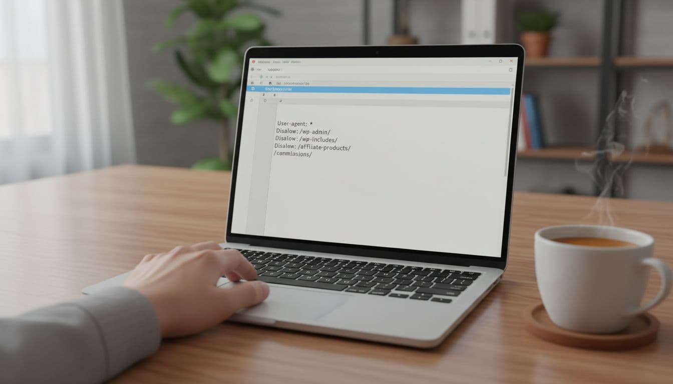Clean laptop screen displaying a simple text editor open to a robots.txt file with basic disallow rules, on a desk with coffee mug nearby, hand resting on keyboard, natural office lighting, realistic style.