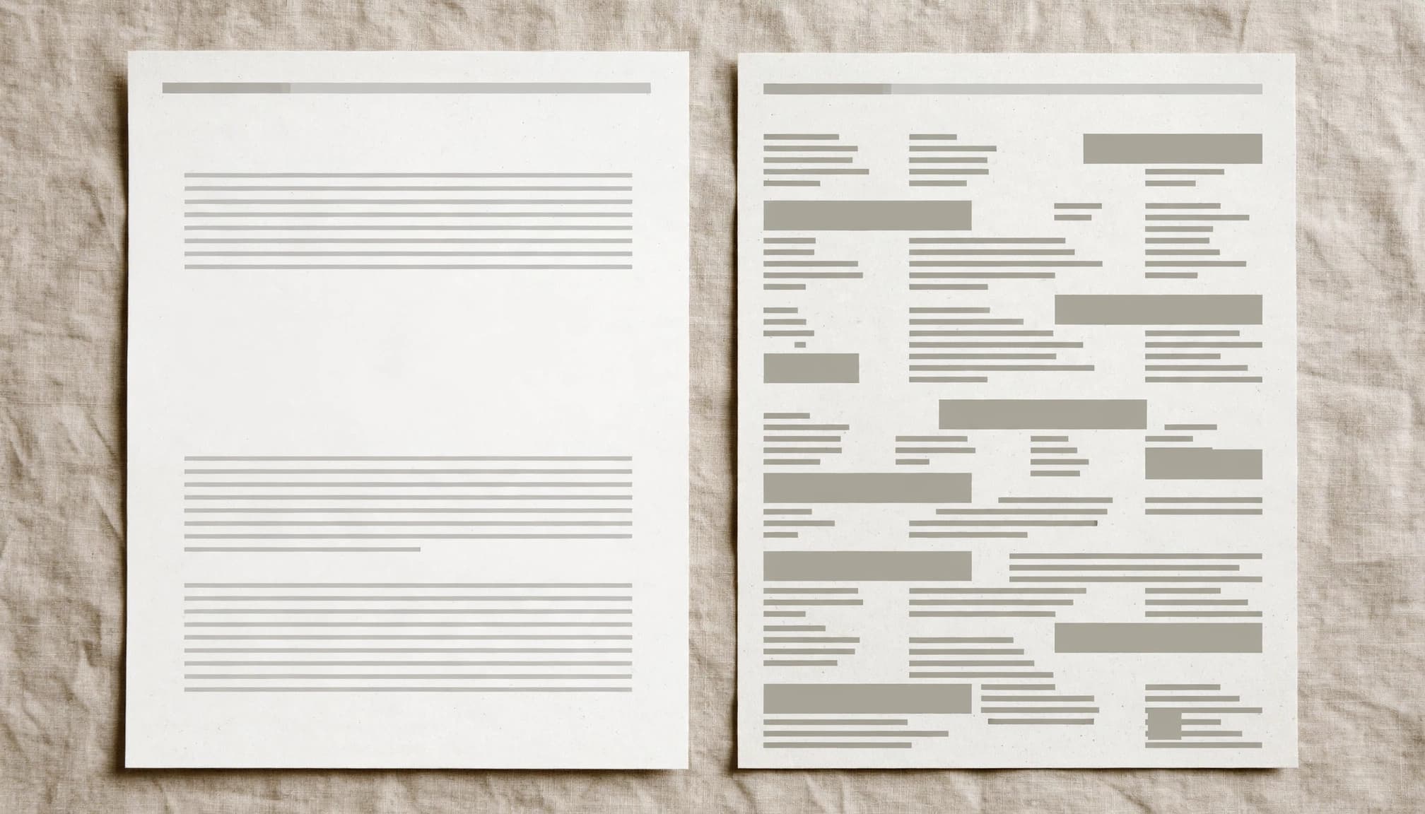 Two article page mockups compare a discreet banner ad with several intrusive ad blocks.