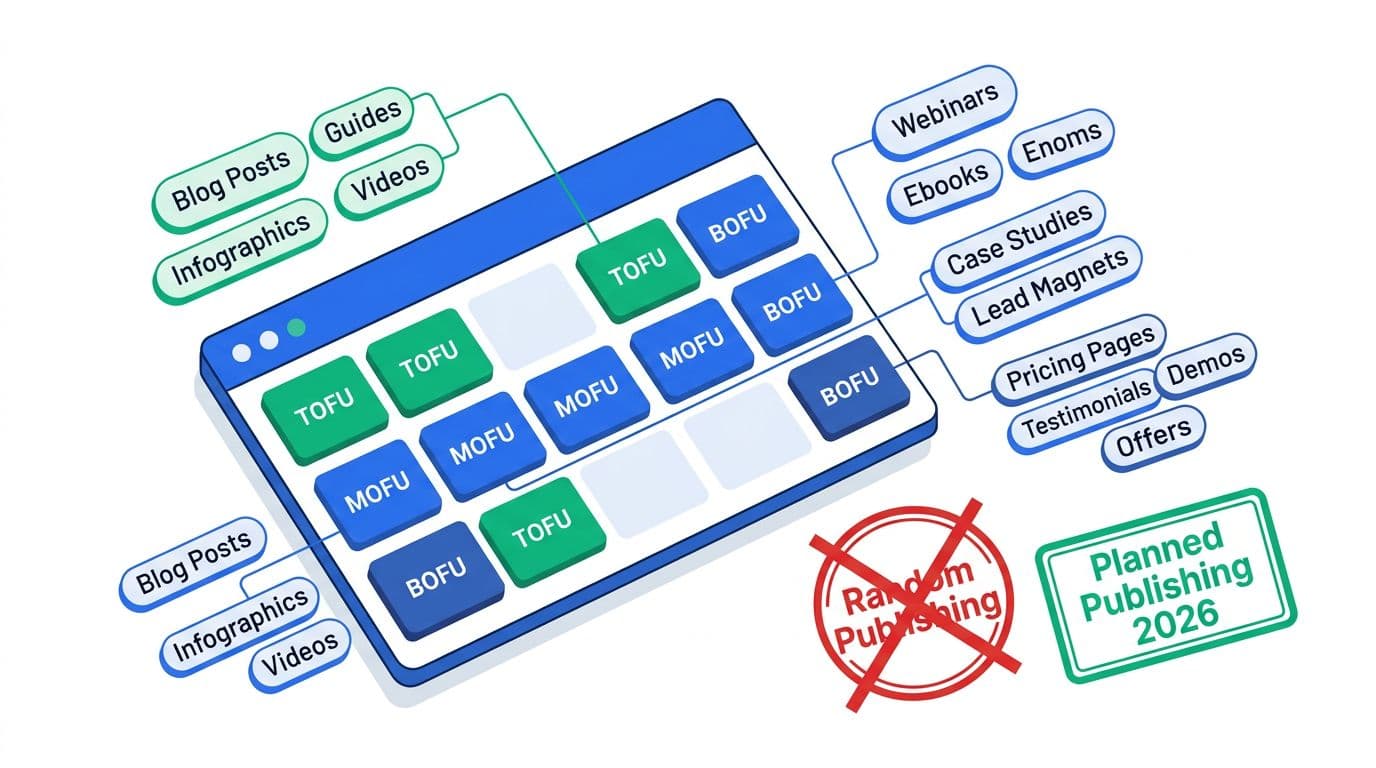 Clean, modern 16:9 illustration of an editorial calendar featuring TOFU, MOFU, and BOFU blocks connected to keyword clusters, with a crossed-out 'Random Publishing' stamp and a 'Planned Publishing 2026' stamp.