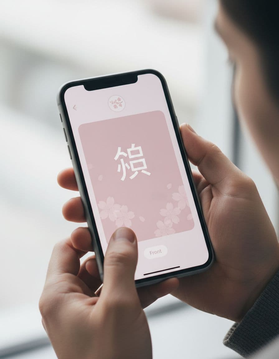 Close-up of a well-designed Anki flashcard on a mobile phone screen held relaxed in two hands, showing Japanese kanji with subtle hint on front and blurred definition plus example on back, clean modern interface, natural indoor lighting, photorealistic.