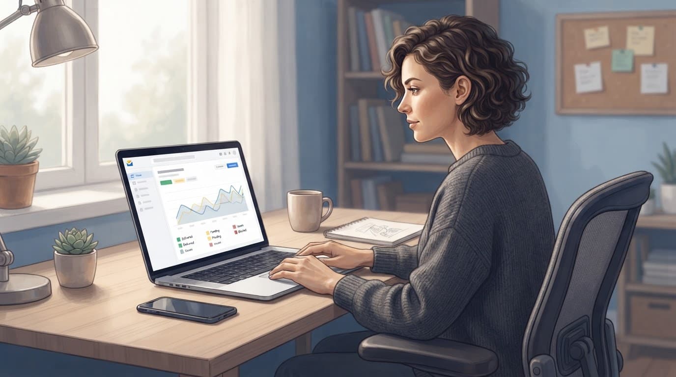 A business owner checks abstract email delivery data on a laptop beside a phone.