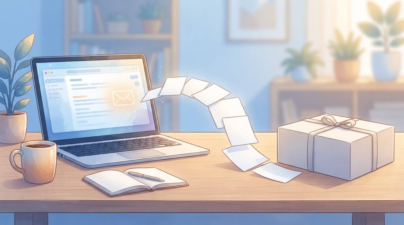 Laptop and blank cards lead across a desk toward an unbranded product box.