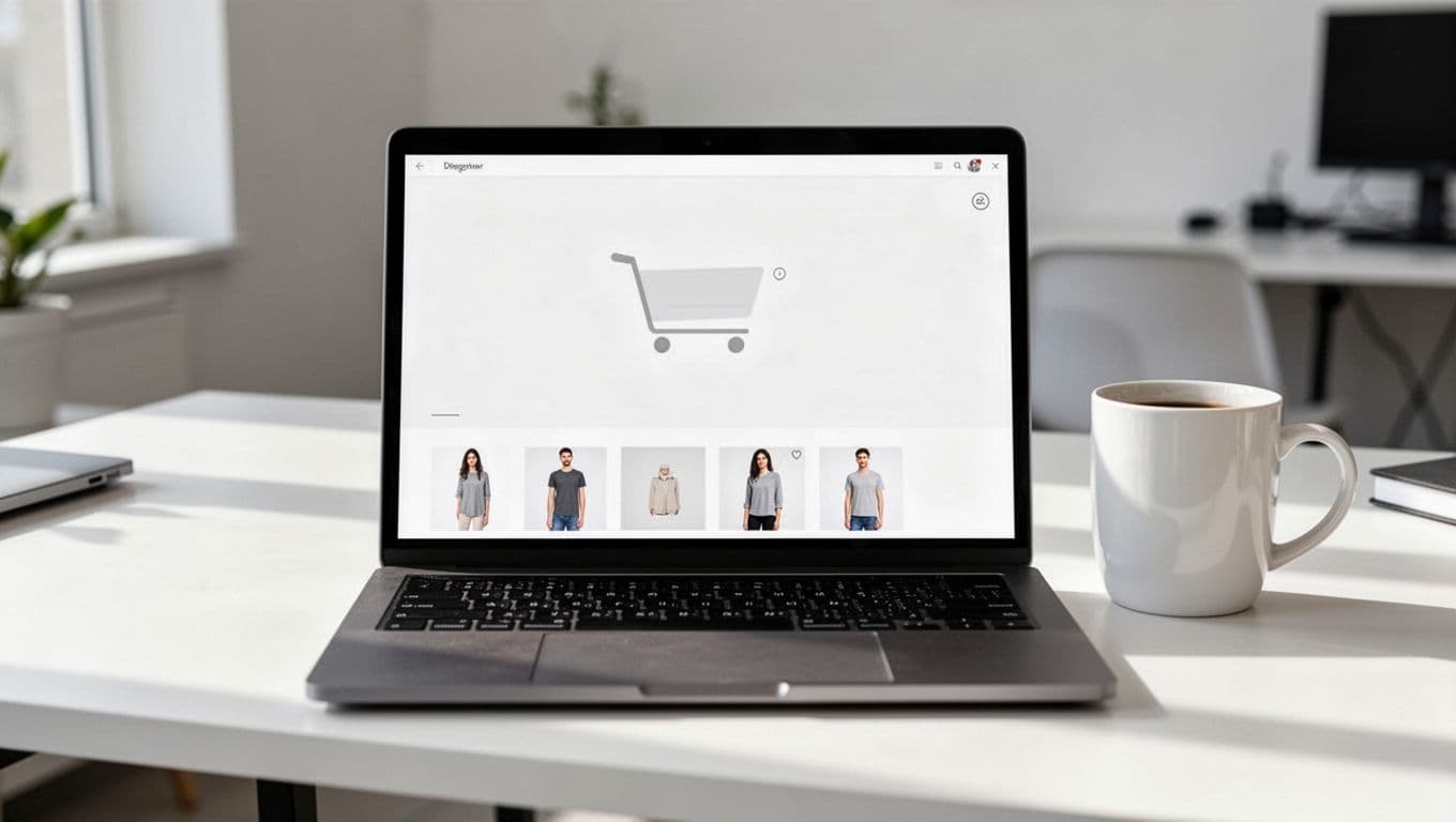 Clean laptop screen displaying an empty shopping cart interface with subtle product recommendation cards below in modern e-commerce style, set in a bright workspace with a coffee mug nearby.