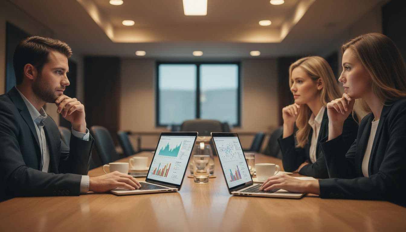 Three team members examine anonymized log charts on laptops at a conference table with coffee.