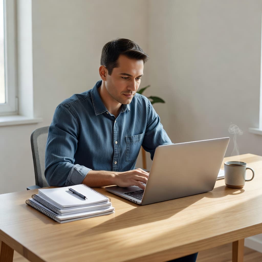 An entrepreneur works on a laptop at a wooden desk with notebooks and coffee while researching products.
