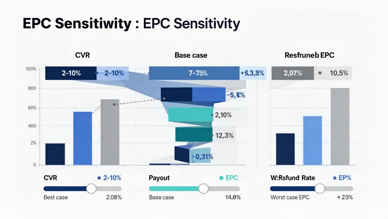 Clean, modern dashboard illustration featuring a tornado chart or bar graph with sliders for CVR, payout, and refund rate, showing best case, base case, and worst case Earnings Per Click (EPC) values for affiliate marketing.