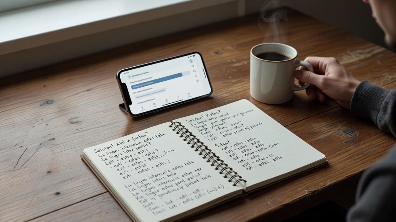 A wooden study desk features a smartphone displaying a language app interface, a notebook filled with handwritten Esperanto notes, and a steaming mug of coffee under soft natural indoor light.