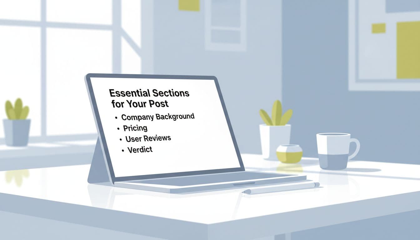 Clean structured outline of key blog post sections like company background, pricing, user reviews, and verdict on a digital notepad. Minimalistic flat design illustration with bright workspace background, no extra text or people.