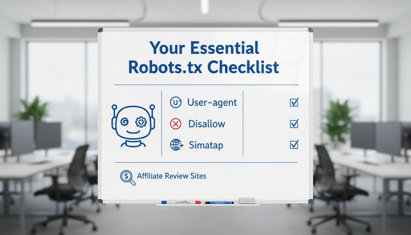 Infographic-style checklist on a whiteboard with markers illustrating key robots.txt rules like User-agent, Disallow, and Sitemap using simple icons, set against a modern office background with bright lighting.