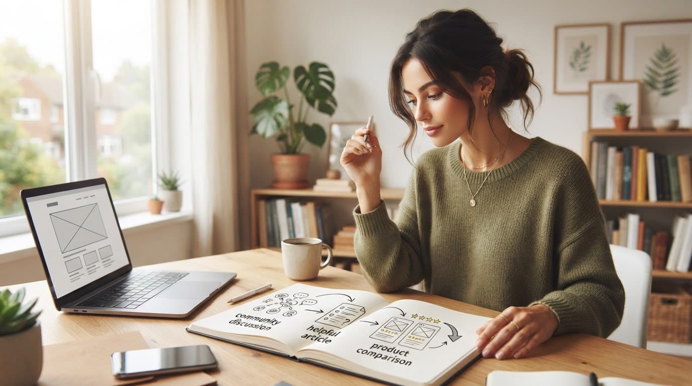 A relaxed creator plans on paper beside a laptop and smartphone at a bright home-office desk.