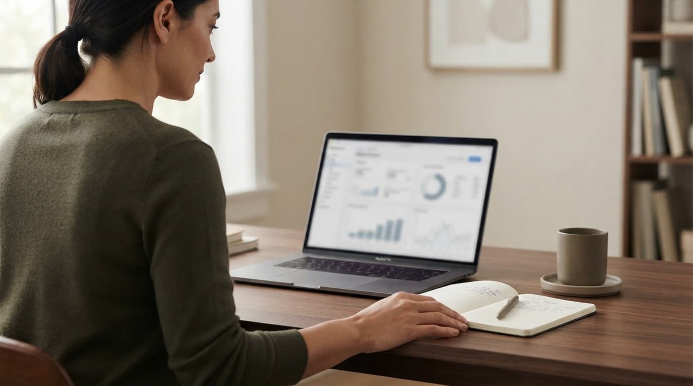 A publisher reviews blurred charts beside a notebook and product sample.