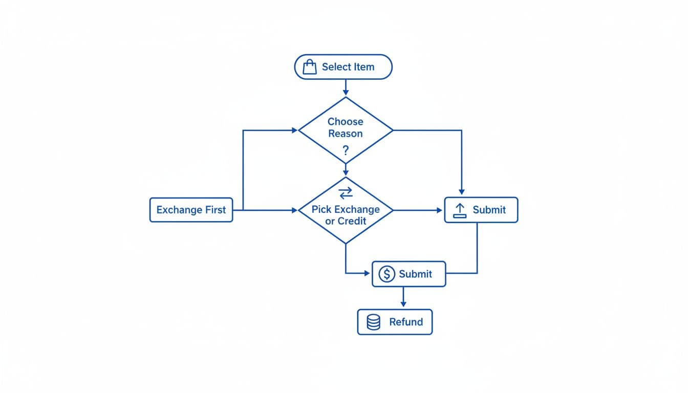 Simple flowchart diagram depicting the returns process prioritizing exchange options before refunds, with icons for selecting item, choosing reason, picking exchange or credit, and submitting. Clean line art style on white background with blue accents and bright lighting, no extra elements or text except 'Exchange First' in one box.