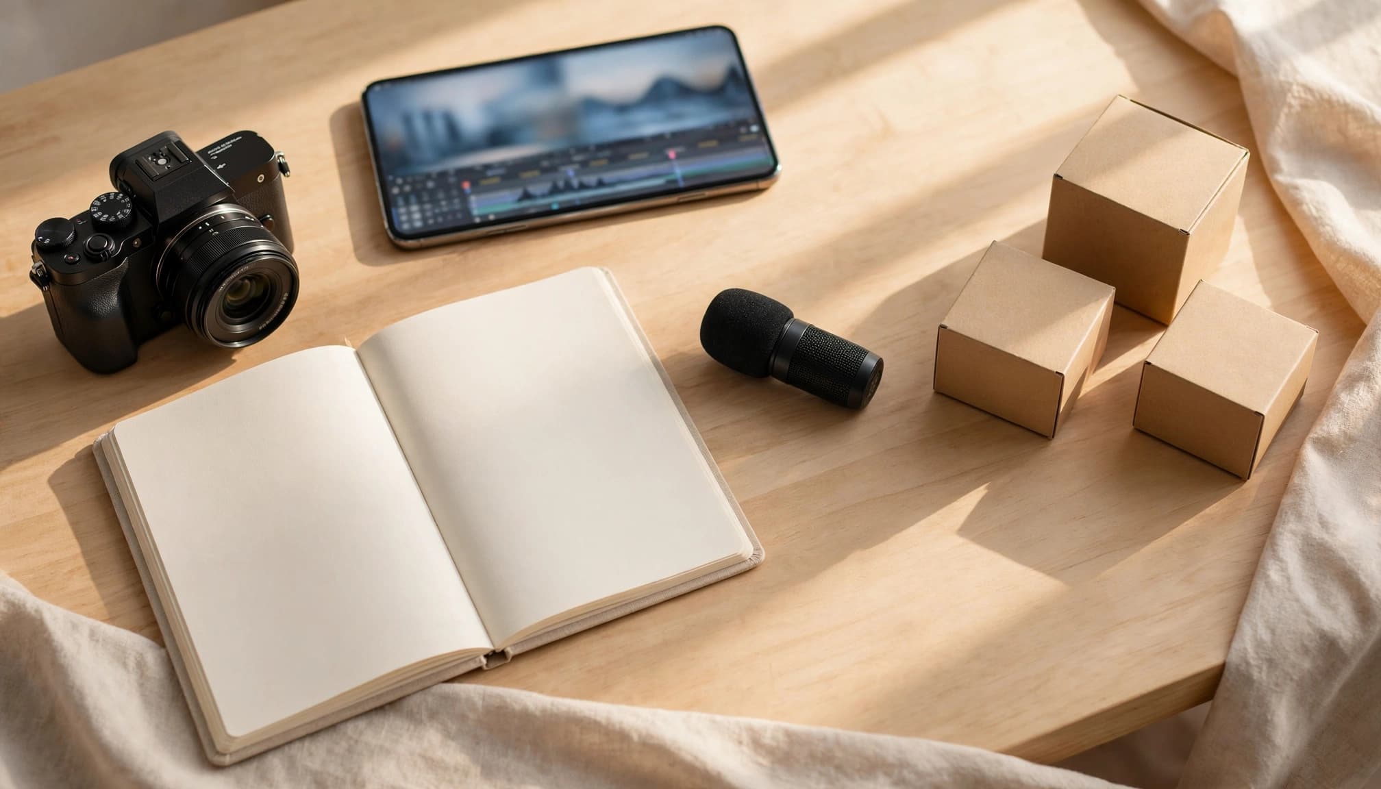 A camera, phone, blank notebook, microphone, and product boxes arranged on a sunny table.