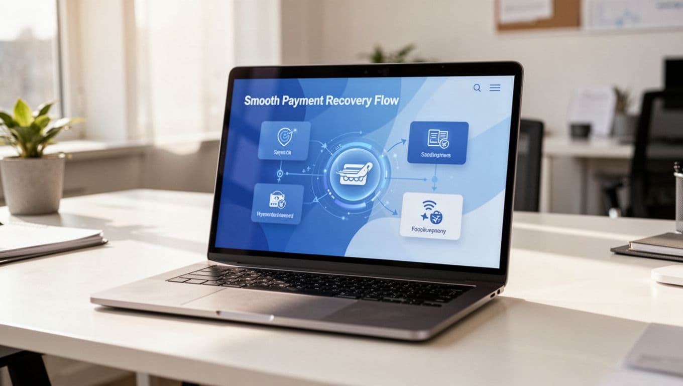 Subscription portal payment recovery UI on a laptop screen in a bright office, showing failed payment notification and update options with clean SaaS design.