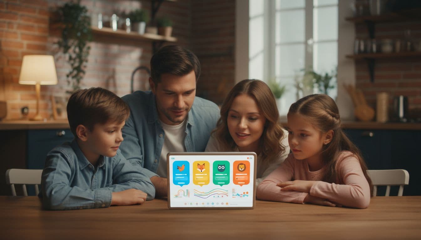 The 10-Minute Multi-User Profile Support Check For Language Apps 2 A family of four at a cozy kitchen table uses one shared tablet displaying individual profiles with progress bars and bright avatars for a language learning app, in warm evening lighting.