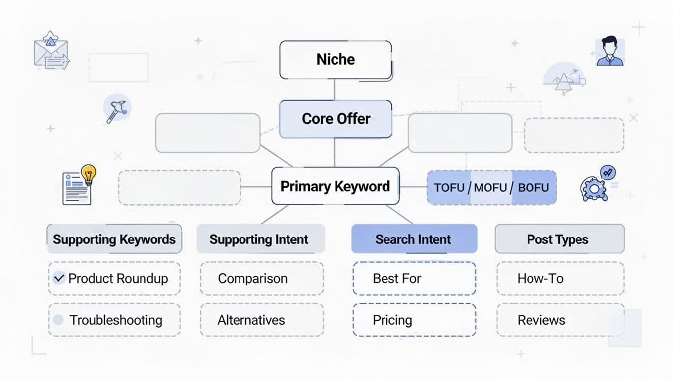 Clean modern flat vector illustration of a printable fill-in-the-blank SEO cluster map worksheet in hub-and-spoke layout. Includes empty boxes for Niche, Core Offer, Primary Keyword, Supporting Keywords, Search Intent (TOFU/MOFU/BOFU), and post types like Product Roundup, Comparison, and How-To.