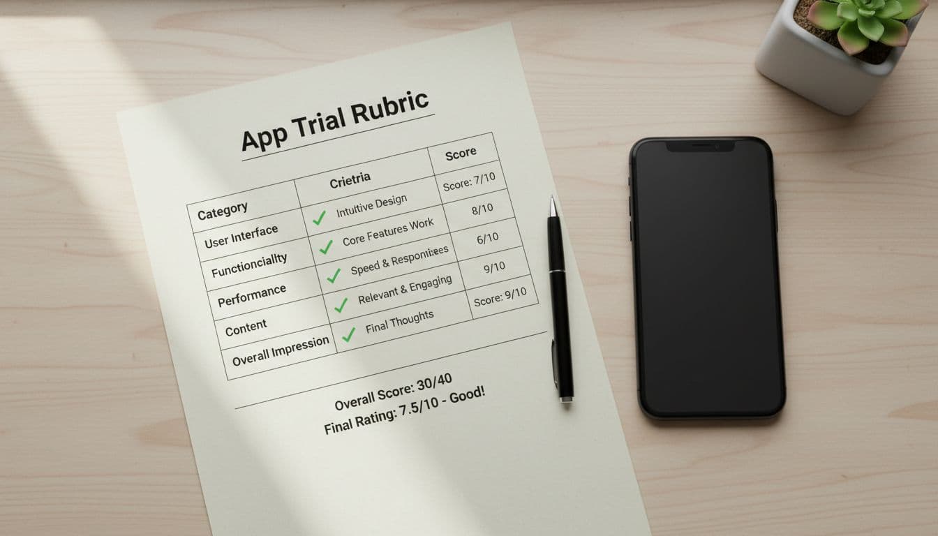 Simple infographic-style scoring rubric table for app trial on paper next to a smartphone, with checkmarks and scores filled in like 'Score: 7/10'. Top-down view in neutral desk setting with natural lighting, no people.