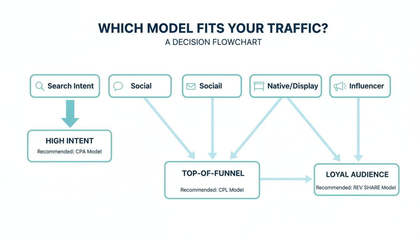Clean flat vector illustration of a decision flowchart for selecting monetization models based on traffic types like search intent, social, email, native/display, and influencer, branching to CPA, CPL, and Rev Share. Modern fintech/SaaS aesthetic with teal/blue accents on white background for high readability.