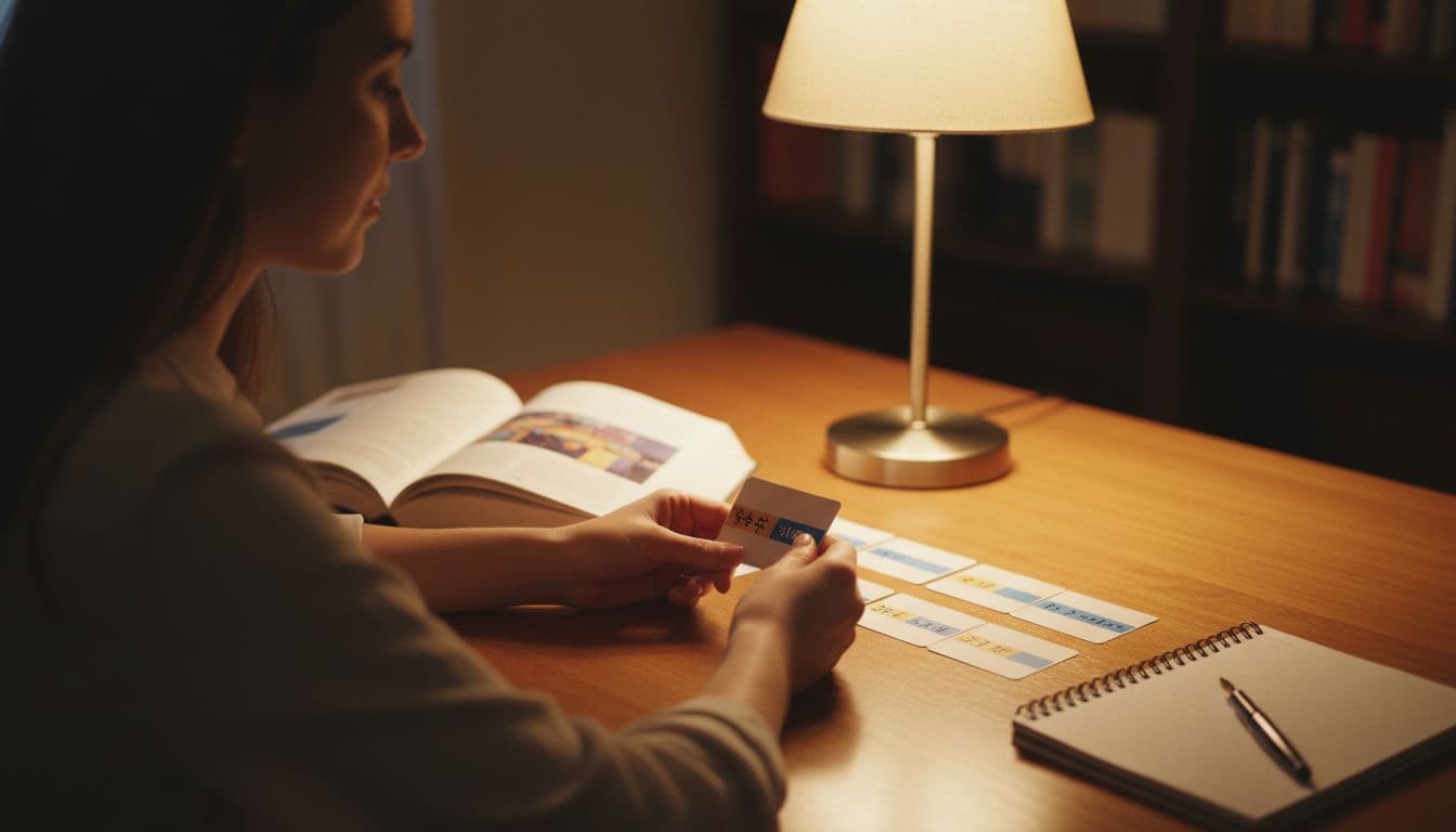 Person at wooden desk covers bilingual flashcard text with hand for recall, notebook and pen nearby under warm lamp.