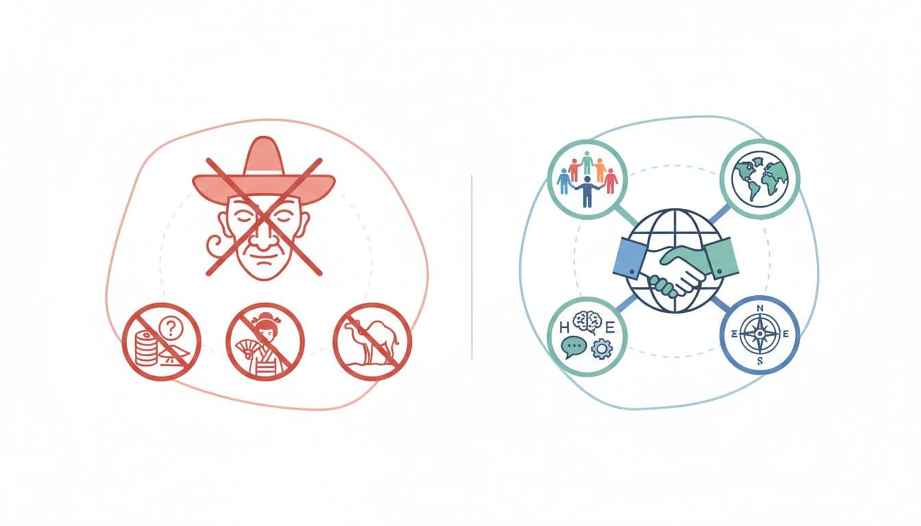 The 15-Minute Language App Cultural Notes Quality Check 3 Side-by-side infographic contrasting a flawed cultural note with crossed-out stereotype caricature on the left against an accurate inclusive cultural explanation with diverse icons on the right, in simple style on white background with soft colors, no text or people.