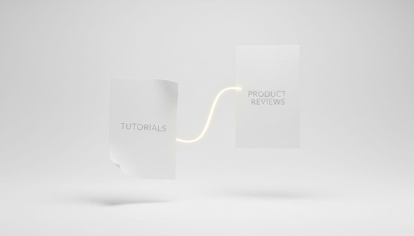 Two paper sheets float in air, partially connected by a soft glowing light line on white background.