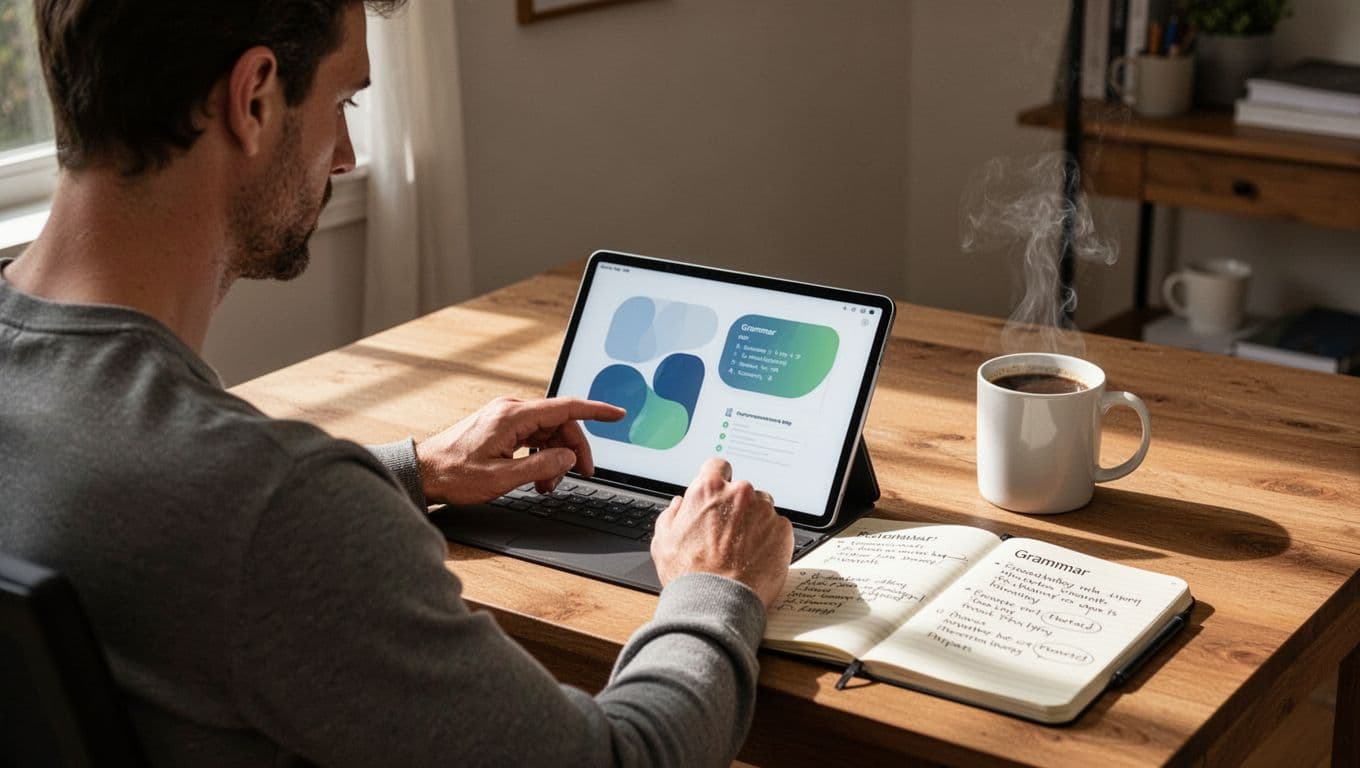 A focused adult learner sits at a wooden desk in a quiet home office, using a tablet for a language app with an open notebook of grammar notes and a coffee mug nearby, bathed in natural daylight.