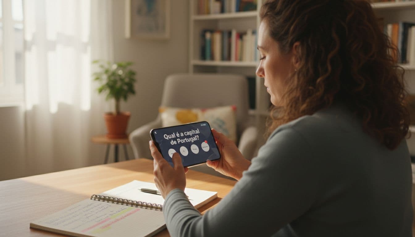 The 15-Minute Language App Test for Alternate Correct Answers 2 A focused adult in a cozy home office holds a smartphone displaying a language learning app with a multiple-choice question and a 15-minute timer, notebook with notes nearby, natural daylight.