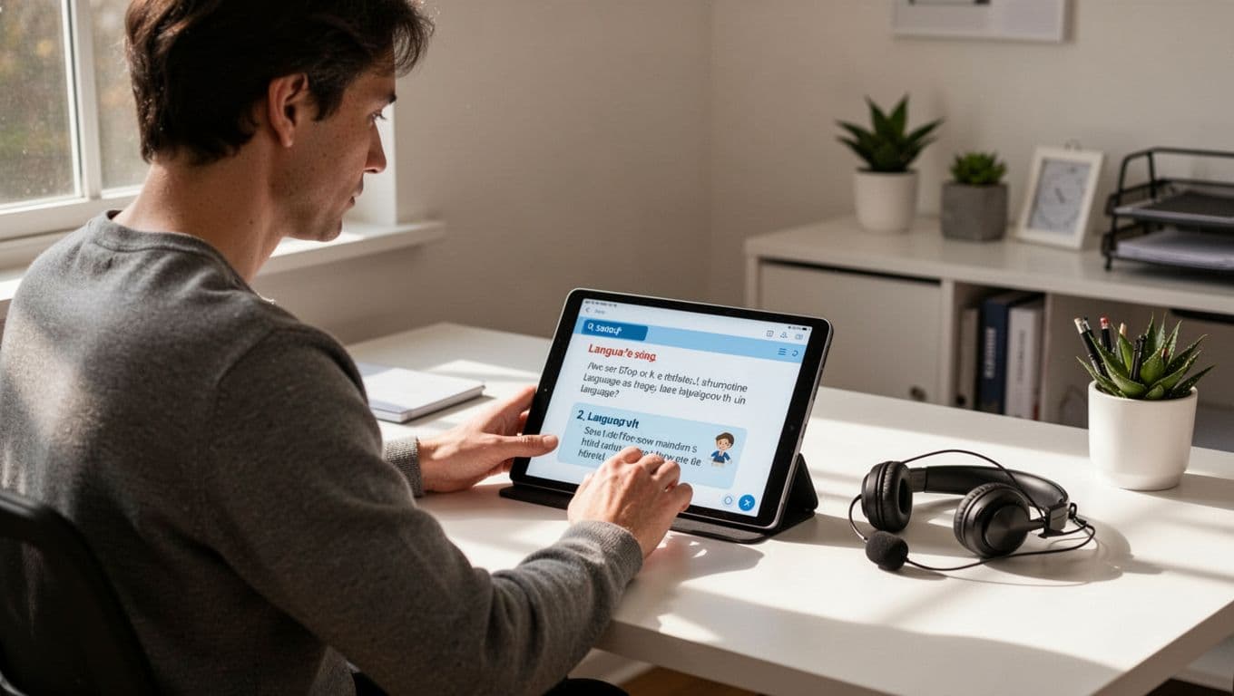 A focused adult learner in a quiet home office uses a tablet to study a foreign language app, with a simple lesson interface on screen and audio headset nearby, bathed in natural daylight.