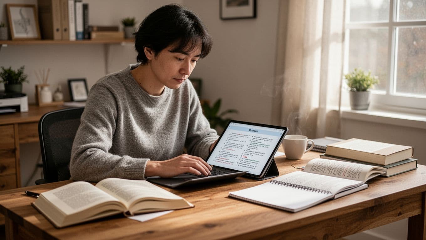 A focused adult learner using a mobile app on a tablet to study a foreign language, sitting at a wooden desk in a quiet home office with books and a notebook nearby, one person only, natural daylight from window.