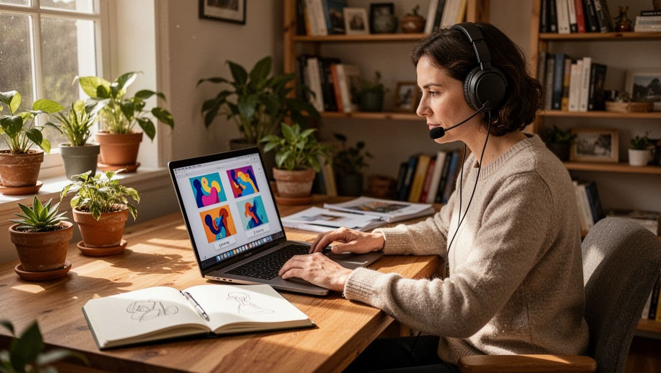 A focused adult learner sits at a wooden desk using a laptop for a language immersion lesson, matching colorful images to spoken phrases via headphones, with an open notebook nearby in a cozy home office filled with plants and bookshelves under natural daylight.