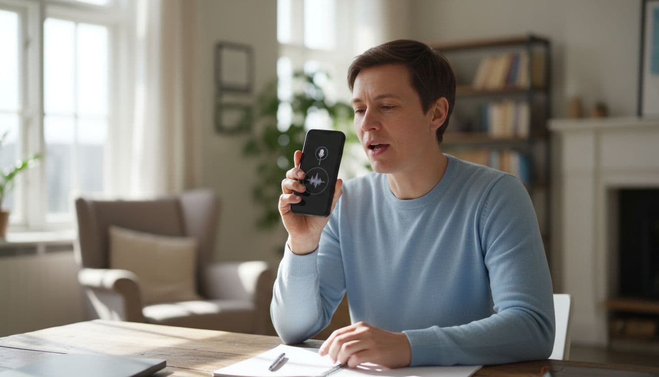 Focused adult learner in mid-30s at wooden desk in bright living room, speaking into smartphone app microphone for language practice, confident expression with natural daylight.
