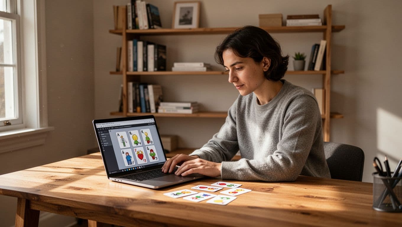 A dedicated adult in a quiet home office studies vocabulary using Memrise flashcards on a laptop, with soft natural light and bookshelves in the background.