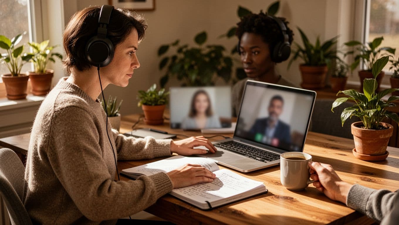 A focused adult learner at a desk uses a laptop with a blurred video call language lesson interface, wearing headphones, notebook with notes, coffee mug, in a cozy room with plants and natural light.