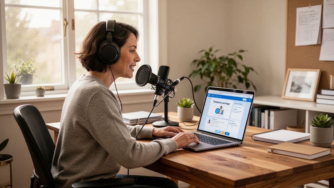A focused adult learner at a desk in a natural home office with soft daytime light, wearing headphones and practicing speaking into a microphone using a language app on a laptop, realistic photo style.